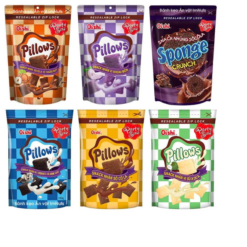 AMMY FOOD -Thùng 20 gói/10gói bánh snack Pillows oishi 80g socola/sữa dừa/khoai môn/hazelnut/cookies/socola nhúng sponge