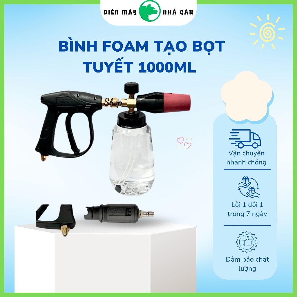 Bình Foam tạo bọt tuyết 1000ml gắn vòi phun xịt rửa của máy rửa xe gia đình( BÌNH TRONG SUỐT)