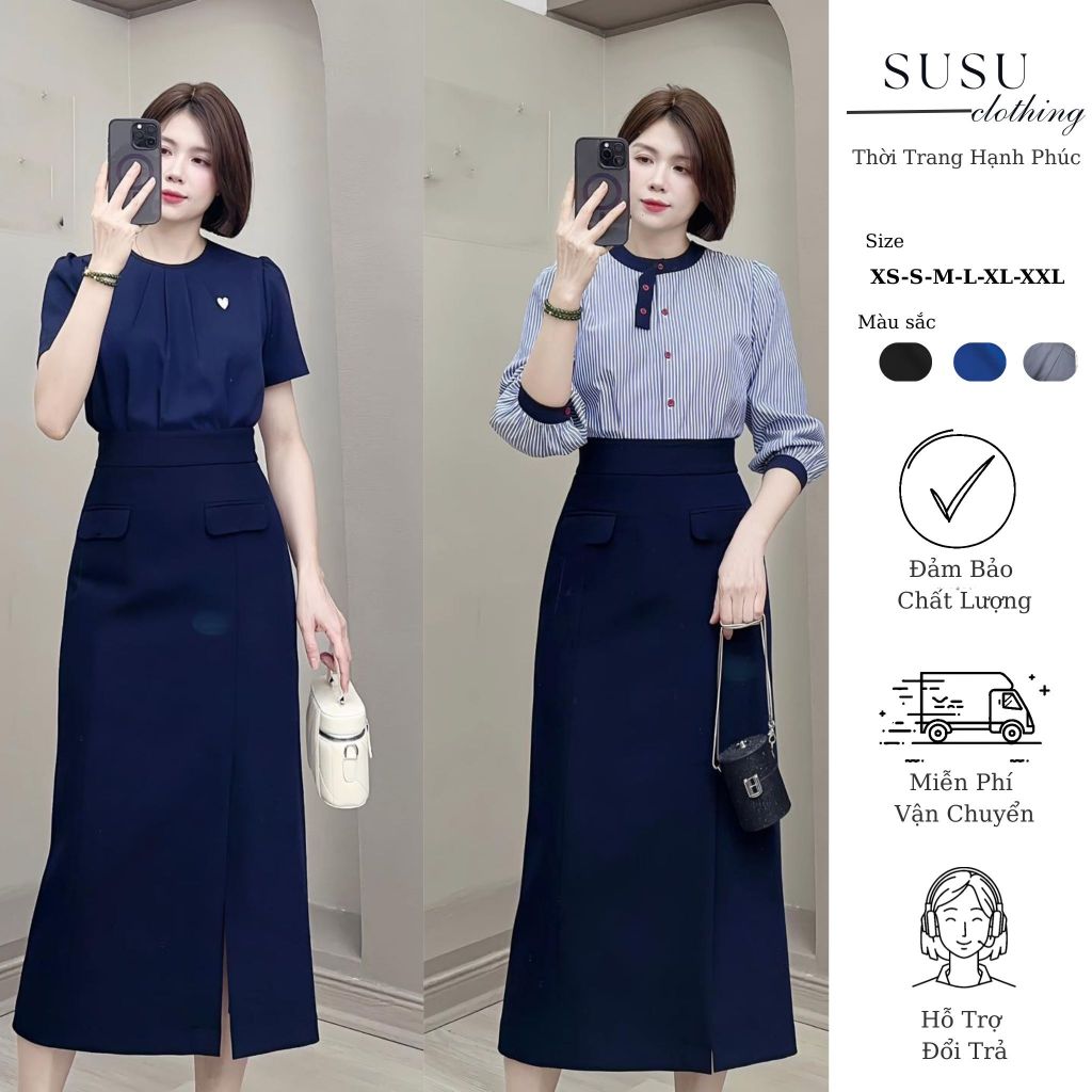 Chân váy SuSu Clothing công sở chữ A dáng dài 80cm mặc được 2 kiểu midi xẻ trước có túi 2 cơi 2 viền 2 nắp CV8386