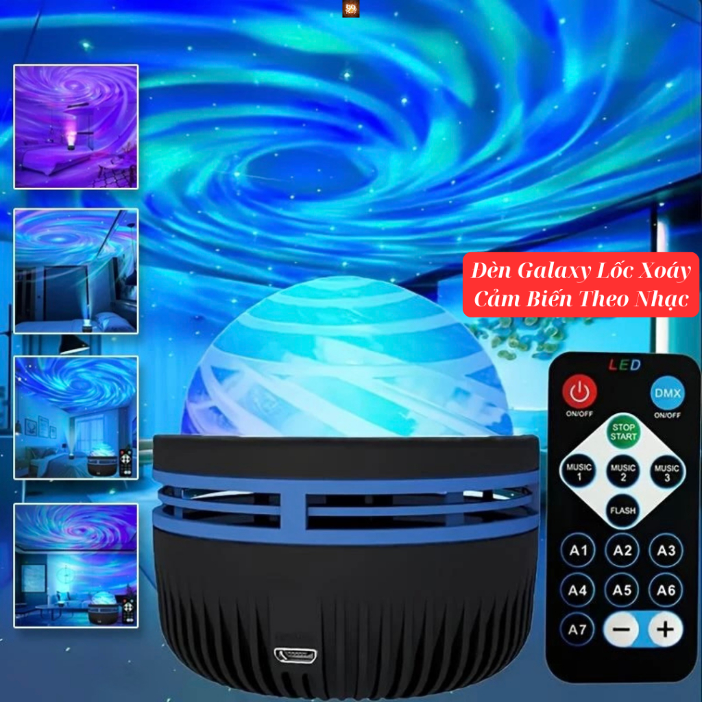 Đèn GALAXY Lốc Xoáy LED Q6 Chiếu Bầu Trời Lốc Xoáy Cảm Biến Theo Nhạc, Đèn Cực Quang Decor Phòng Ngủ Có Điều Khiển