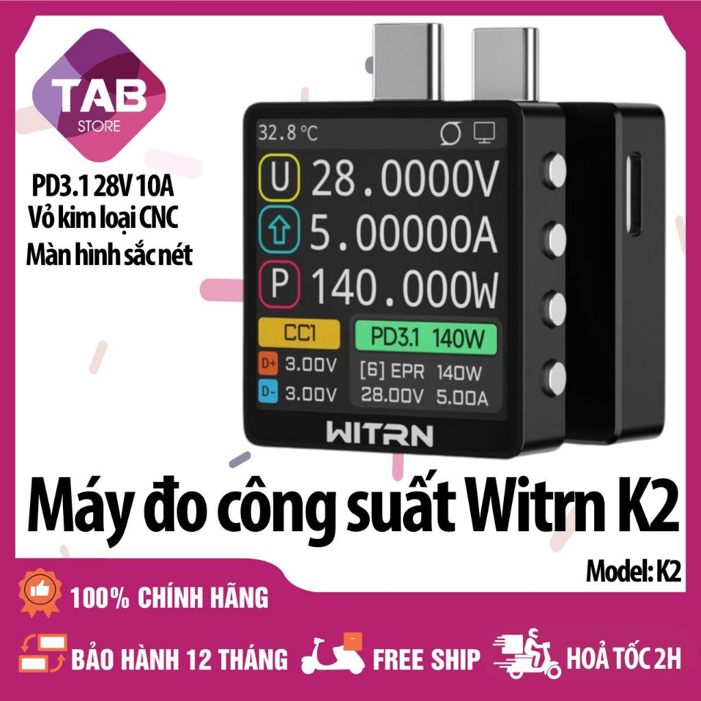 Máy Đo Công Suất WITRN K2 PD3.1 28V 10A | USB-C E-Marker+ - Bảo Hành 12 Tháng