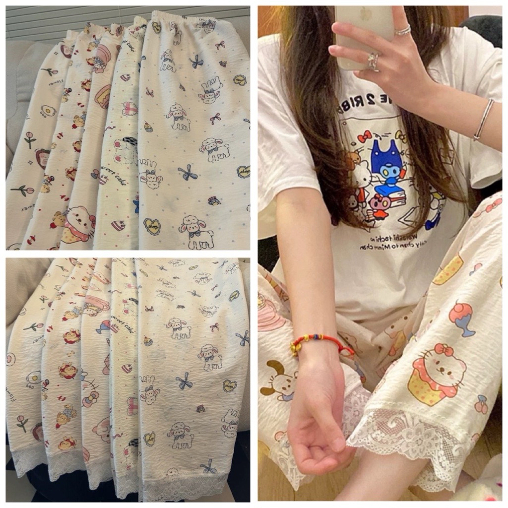 Quần Dài Đũi Hàn Hoạt Hình Phối Ren Dễ Thương [FREESHIP]🌸 Quần Dài Ống Rộng Form Suông Phong Cách Hàn Quốc🌸
