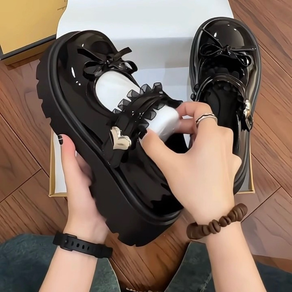 Giày Búp Bê Lolita Nữ Phối REN Đế Cao 4-5cm Gắn Mác Tim Cao Cấp (FORM TO CHÂN GÀY MỎNG ĐẶT LÙI 1SZ)