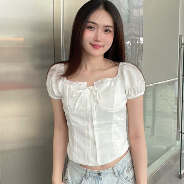 Áo babydoll nữ kiểu Linen tay phồng nơ ngực công chúa phong cách Kenco.clothing Sài Gon M380