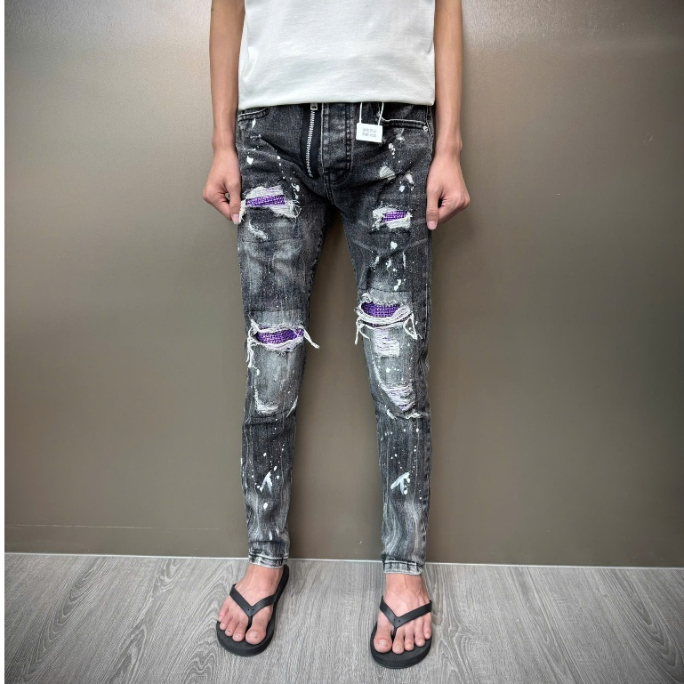 Quần jean nam xám khói mix khoá vá đá tím may thêu bản siêu cấp 2025