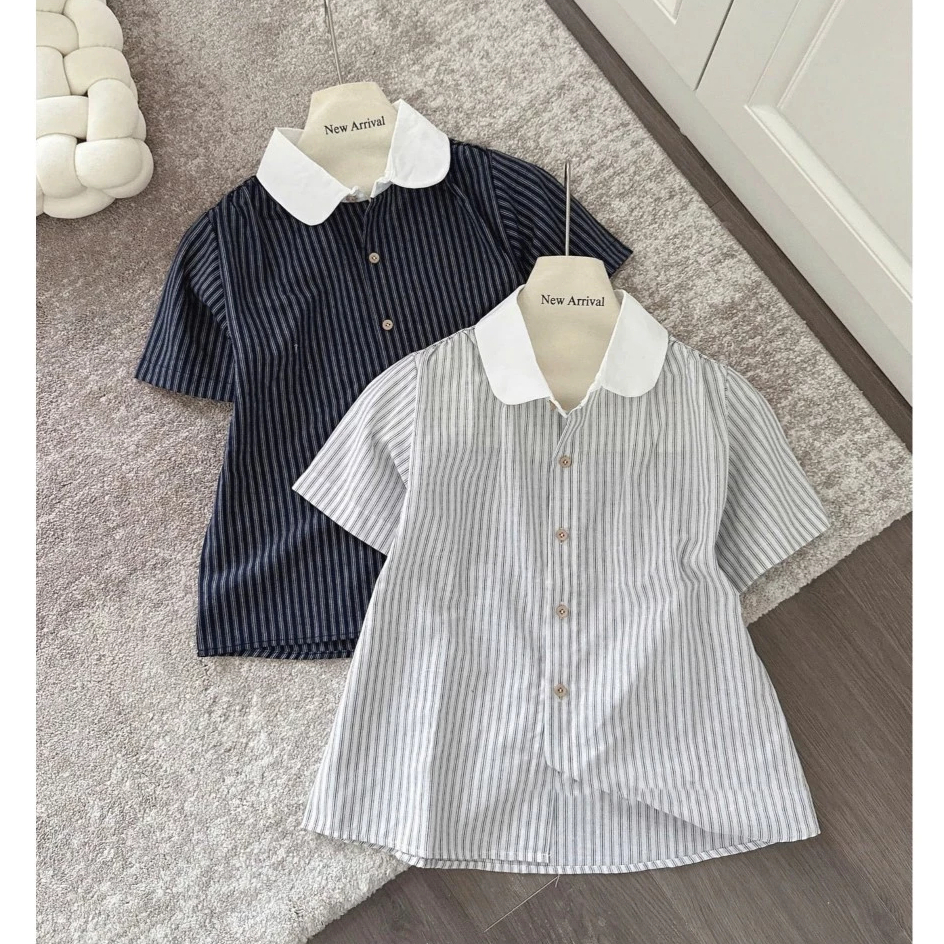 Áo Sơ Mi Nữ Ngắn Tay Cổ Sen Kẻ Sọc Chất Thô Linen, Áo Sơ Mi Basic Cổ Trắng Dễ Phối Đồ Phong Cách Hàn Quốc