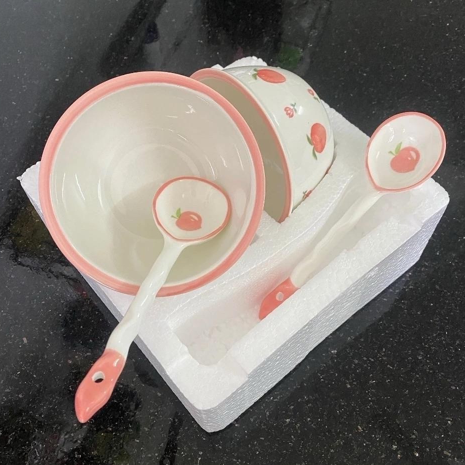 Bộ Bát Sứ Set 2 Bát Chén Kèm 2 Thìa Muỗng Sứ Hình Quả Đào Tiên Cao Cấp