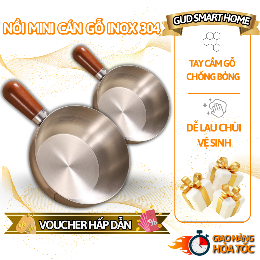 Nồi mini inox cán gỗ chống bỏng – Nấu mì, đun sữa, làm sốt – Dùng bếp gas & bếp từ, không có nắp