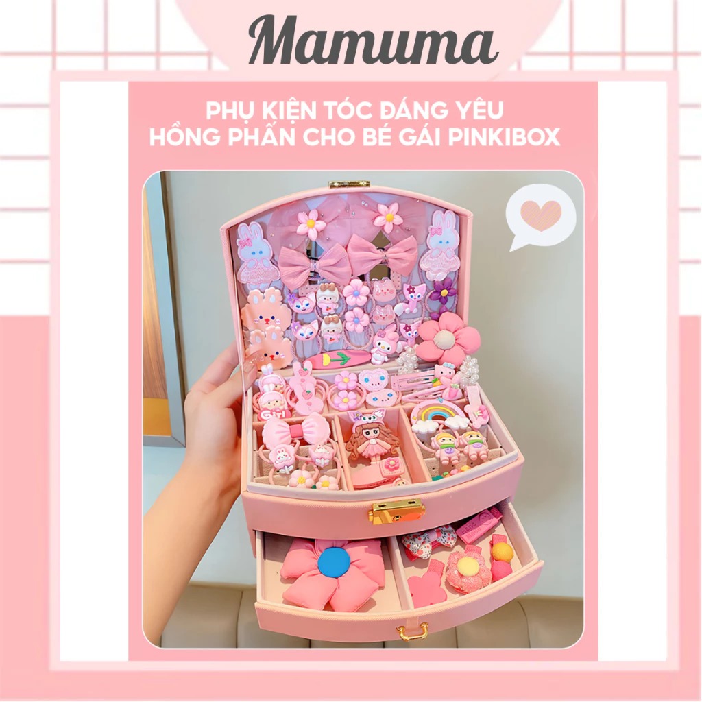 Hộp phụ kiện kẹp tóc công chúa Pinkibox kèm dây buộc tóc – Quà tặng bé gái 5–13 tuổi – Mamuma