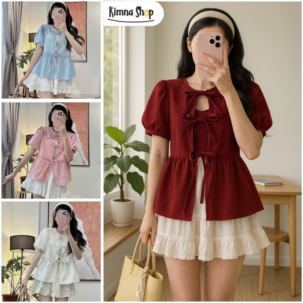 Áo Baby Doll Cổ Tròn Tay Bồng 2 Lớp Thắt 3 Nơ Kèm Áo Trong