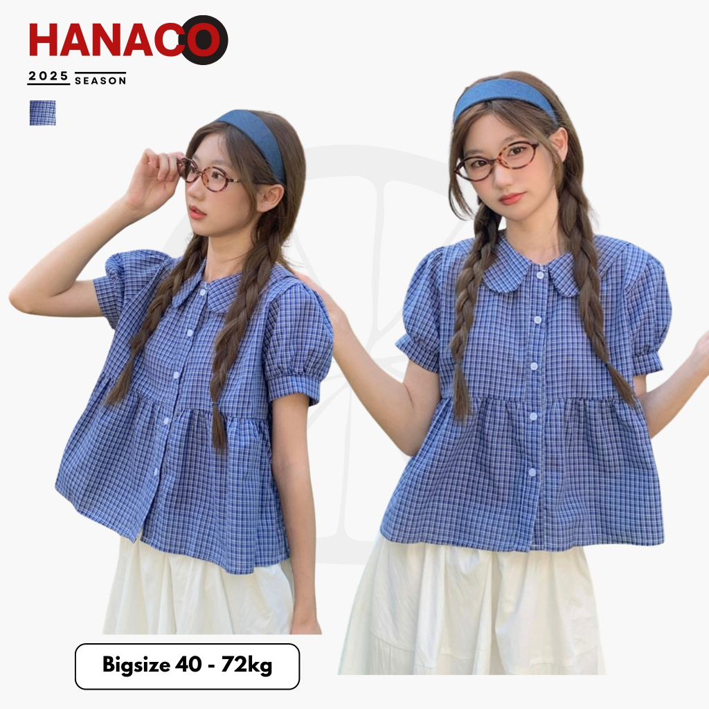 Áo babydoll kẻ caro cổ sen tay bồng chất thô cotton dáng rộng Hanaco - A33