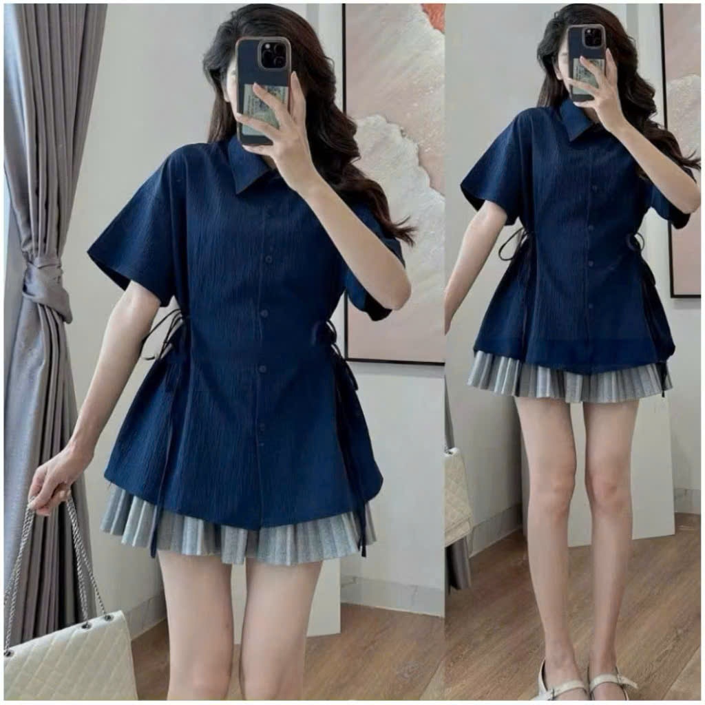 Áo sơ mi đũi chiết eo nơ kiểu tiểu thư công sở xinh xắn