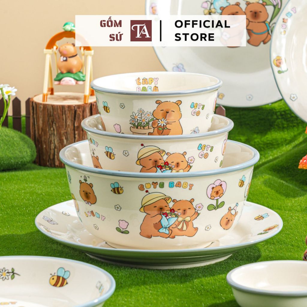 (Bán lẻ) Tô cơm gốm sứ TA Thành Anh bộ đồ bàn ăn dễ thương tráng men họa tiết capybara BDA49