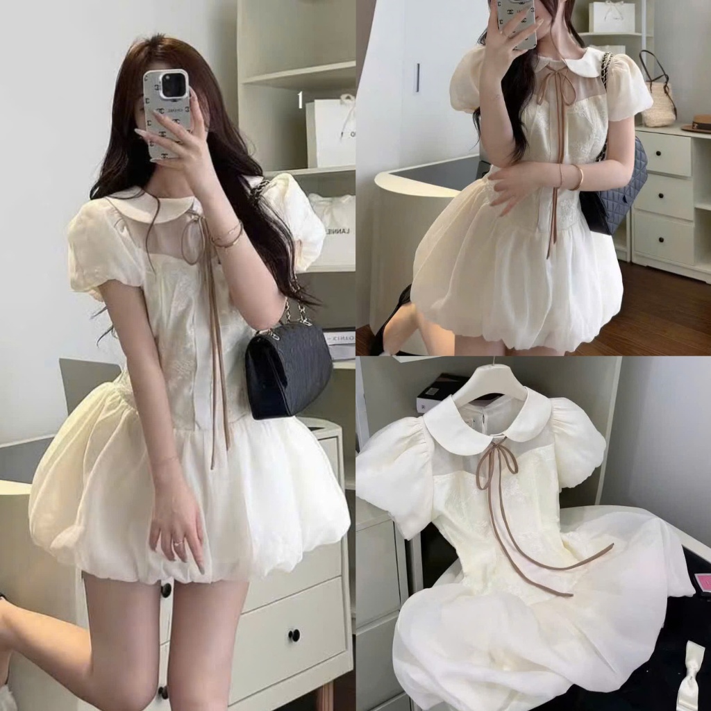 Váy Tiểu Thư Tay Bồng Chất Tơ Thiết Kế Nơ Buộc Dài From Váy Bồng Bí Sang Chảnh , Ảnh Thật Lu.Stores