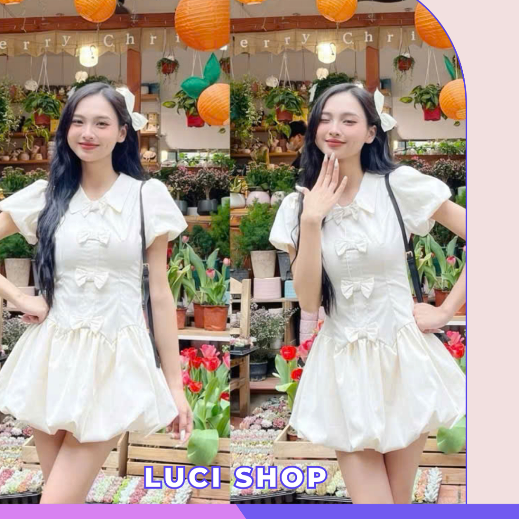 Váy bồng xoè dáng bí ngắn cổ sơ mi đính nơ tay bồng kèm quần bảo hộ, váy liền tiểu thư nhẹ nhàng, thanh lịch - Luci Shop