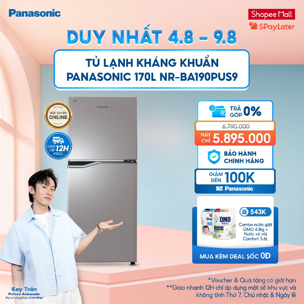 [NHẬP ELPN1T5L GIẢM 18% TỐI ĐA 1500K] Tủ lạnh Kháng Khuẩn Panasonic Inverter Ngăn Đá Trên 170L NR-BA190PUS9 - BH 2 năm