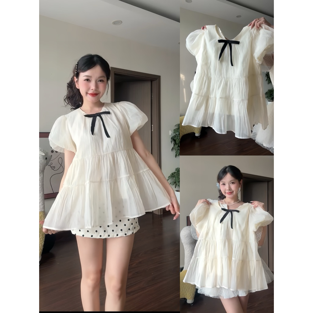 (ÁO KÈM NƠ) Áo nữ kiểu babydoll xoè tay bồng tiểu thư công chúa Dilyshop chất tơ xốp mềm mịn không nhăn - A125