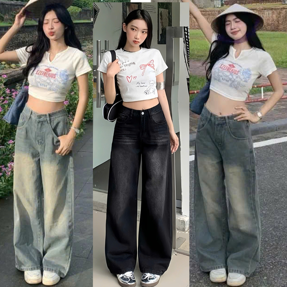 Quần Jeans Bò Wash RETRO Ống Rộng Suông Cạp Cao Tôn Dáng MIAA , Quần Bò Ống Rộng Nữ Lưng Cao Phong Cách Ulzzang 2023