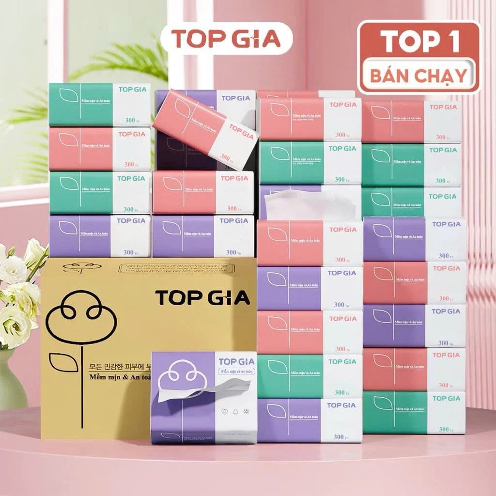 Thùng 30 gói giấy ăn rút Topgia 3 màu cao cấp 4 lớp dày dặn, mềm mịn