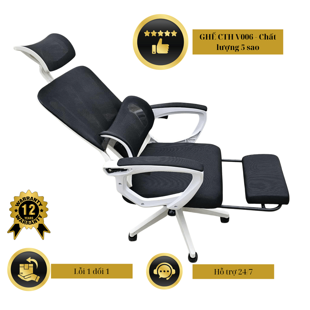 Ghế Công Thái Học CTH V006, Ghế Văn Phòng, Ghế Làm Việc LIVE Stream Bảo Vệ Cột Sống Lưng, Tựa đầu 3D êm ái và thoải mái.