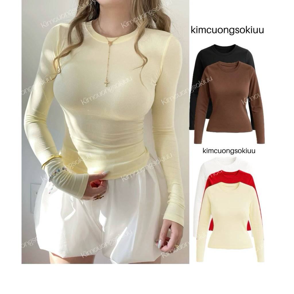 Áo Thắt Eo Dài Tay Ôm Kimcuongsokiuu Cotton Trơn Nữa S/M/L - Women, Top Cổ Tròn