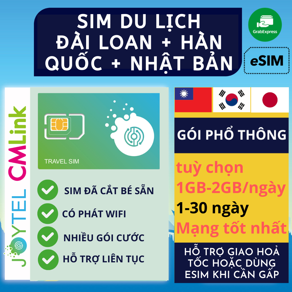 Sim du lịch Đài Loan Nhật Bản Hàn Quốc tốc độ cao 4G 5G tùy chọn từ số ngày du lịch dùng mạng JOYTEL