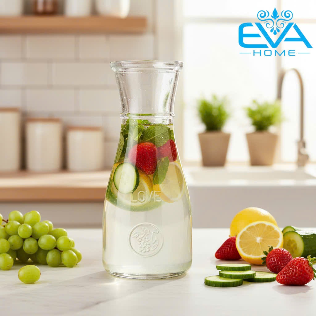 Bình Thủy Tinh Dáng Eo Lớn Cao Cấp Love 500ml Decor Đựng Nước Ép Detox Sang Trọng