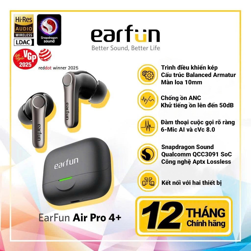 Tai nghe Bluetooth Earfun Air Pro 4+ chống ồn ANC 50dB loa kép hỗ trợ aptX Lossless LDAC pin 54h