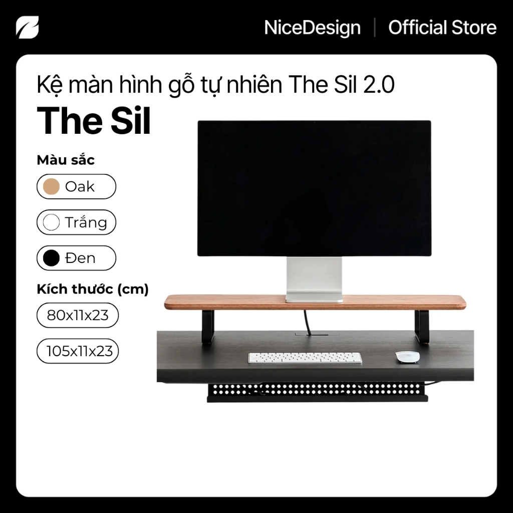 Kệ màn hình gỗ cao su tự nhiên Sil 2.0 by NiceDesign chân thép SPCC phủ sơn tĩnh điện, thiết kế tối giản, hiện đại