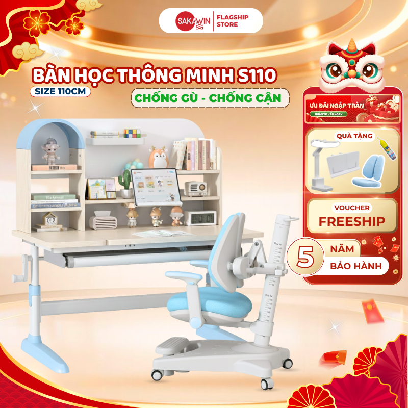 [MỚI 2025] Bộ bàn học cho bé Sakawin S110 Bàn ghế học sinh chân thép dày dặn, Điều chỉnh nâng hạ chiều cao thông minh.
