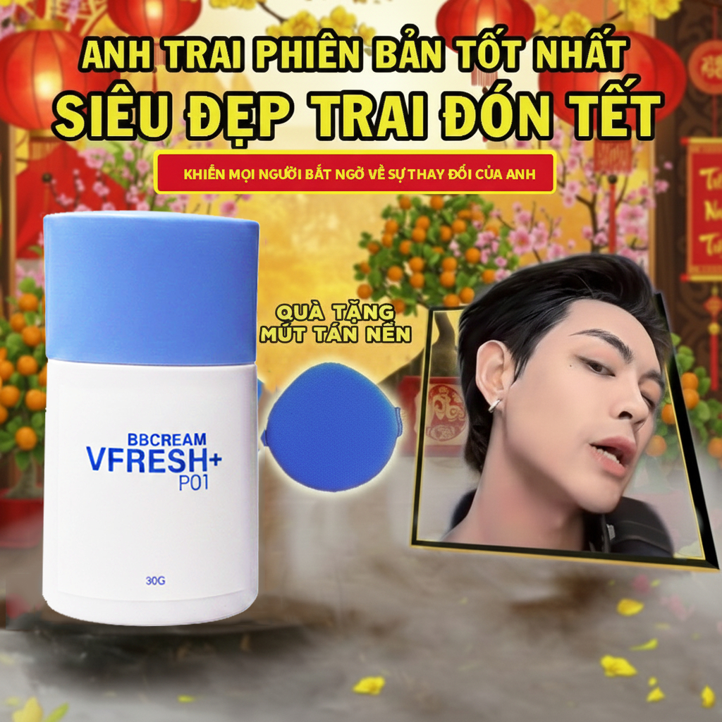 Kem nền nam V-FRESH PLUS: Nâng tone, kiềm dầu, che khuyết điểm, cấp ẩm, trẻ hóa da, kháng nước