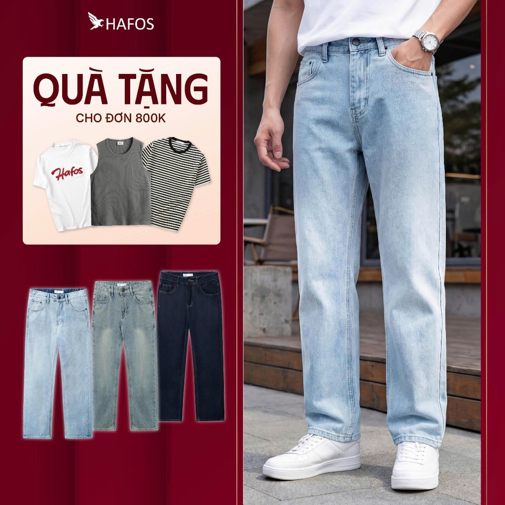 Quần Jean Nam Ống Suông HAFOS Quần Bò Nam Dáng Đứng Straight Fit Vải Denim Nhẹ Thoải Mái Dễ Phối