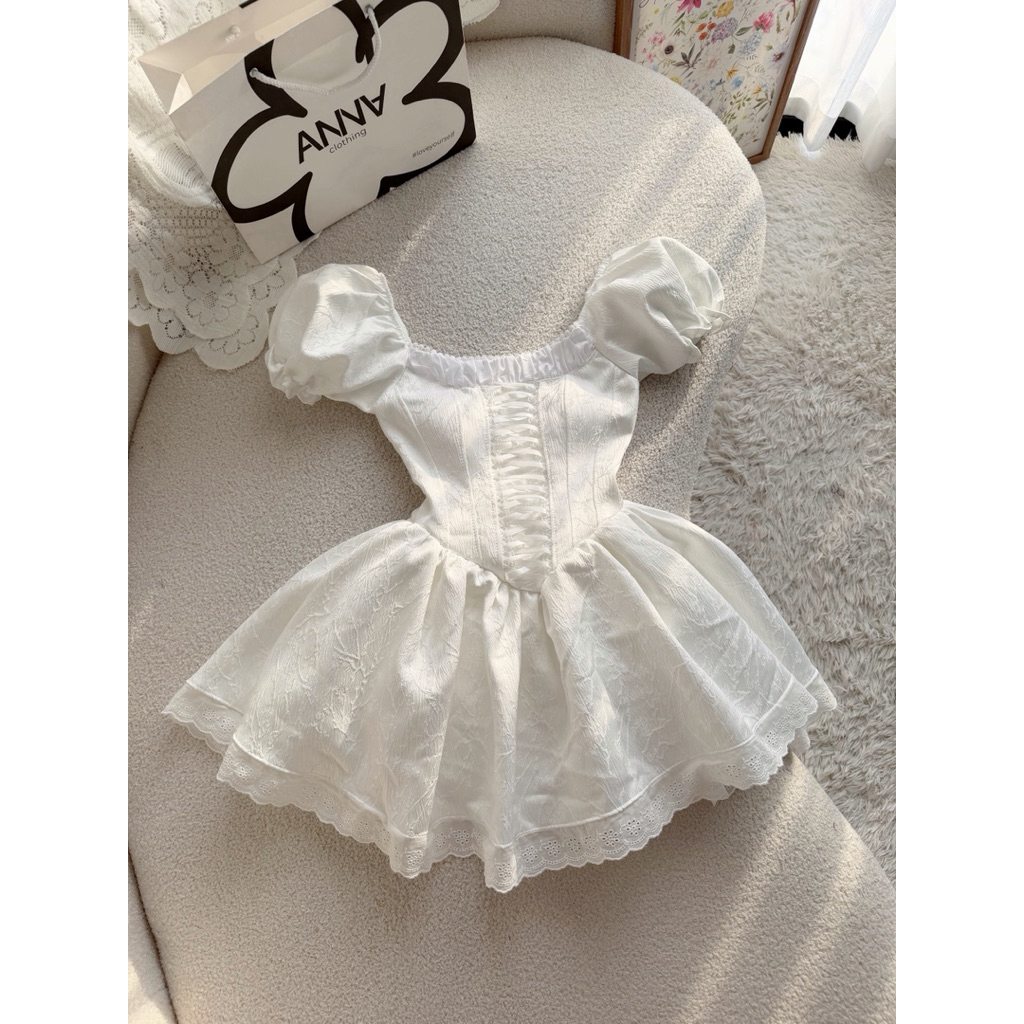 Đầm Kiểu Nữ Trễ Vai Trắng Đan Dây Anna - Leyci Dress