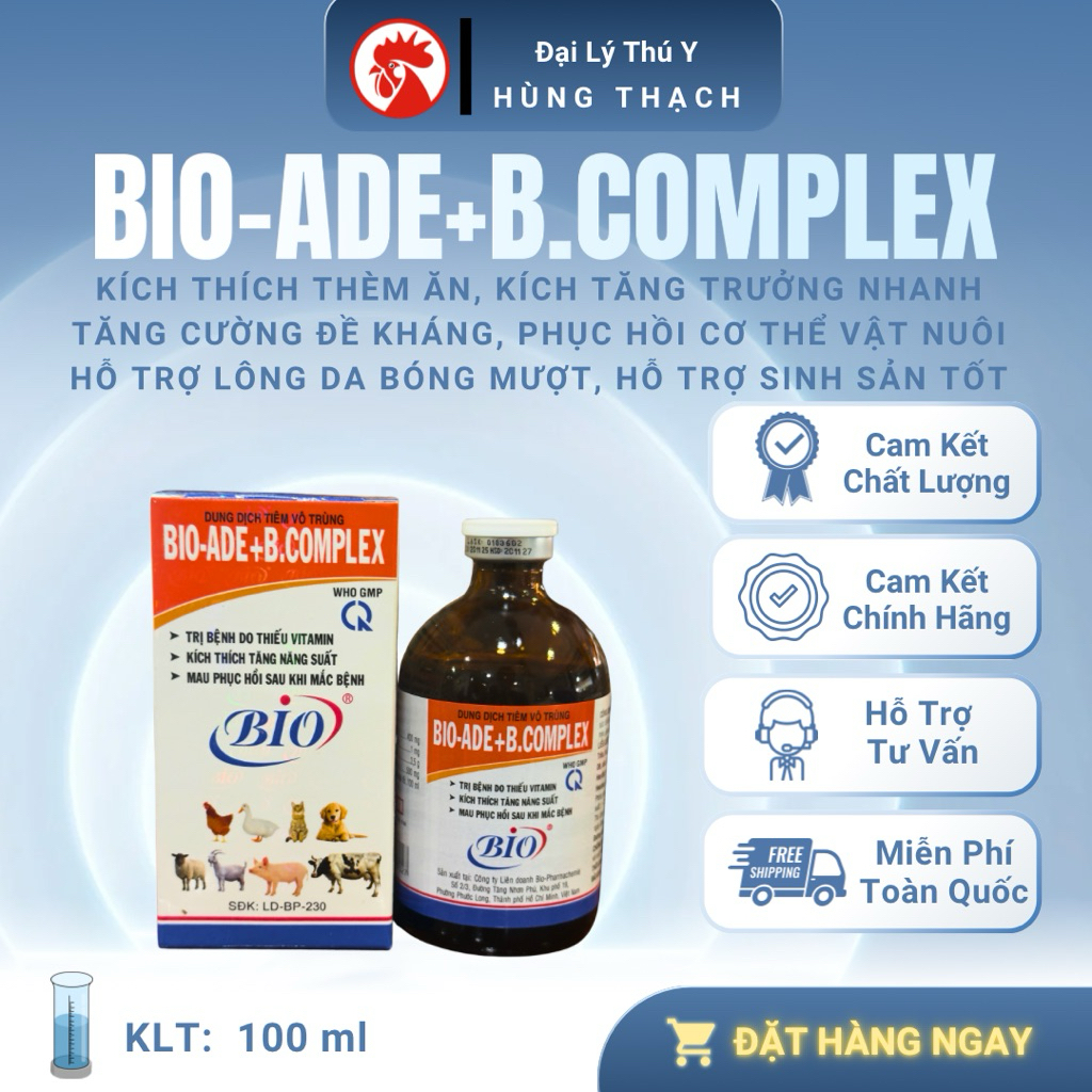 Bio ADE Bcomplex 100ml tiêm bồi dưỡng, lông da bóng mượt, mau lớn, thèm ăn gà đá, heo, chó, mèo, bò
