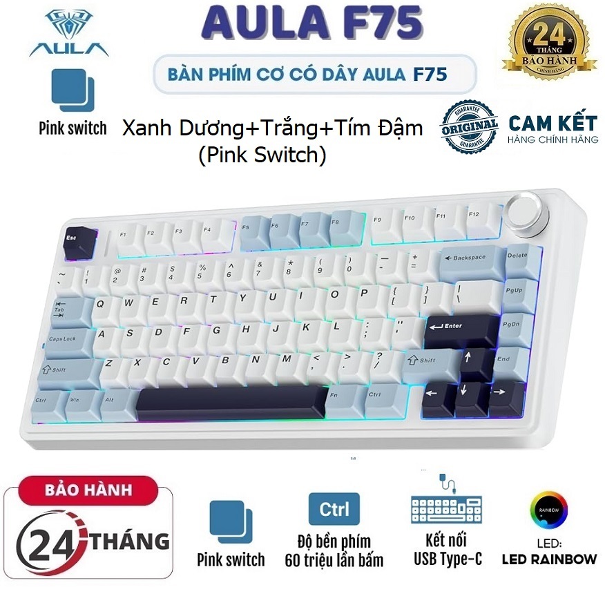 Bàn phím cơ Gaming có Dây chính hãng AULA F75 (4883) - Màu Xanh Dương+Trắng+Tím đậm/ Pink Switch - Bảo Hành 24 Th