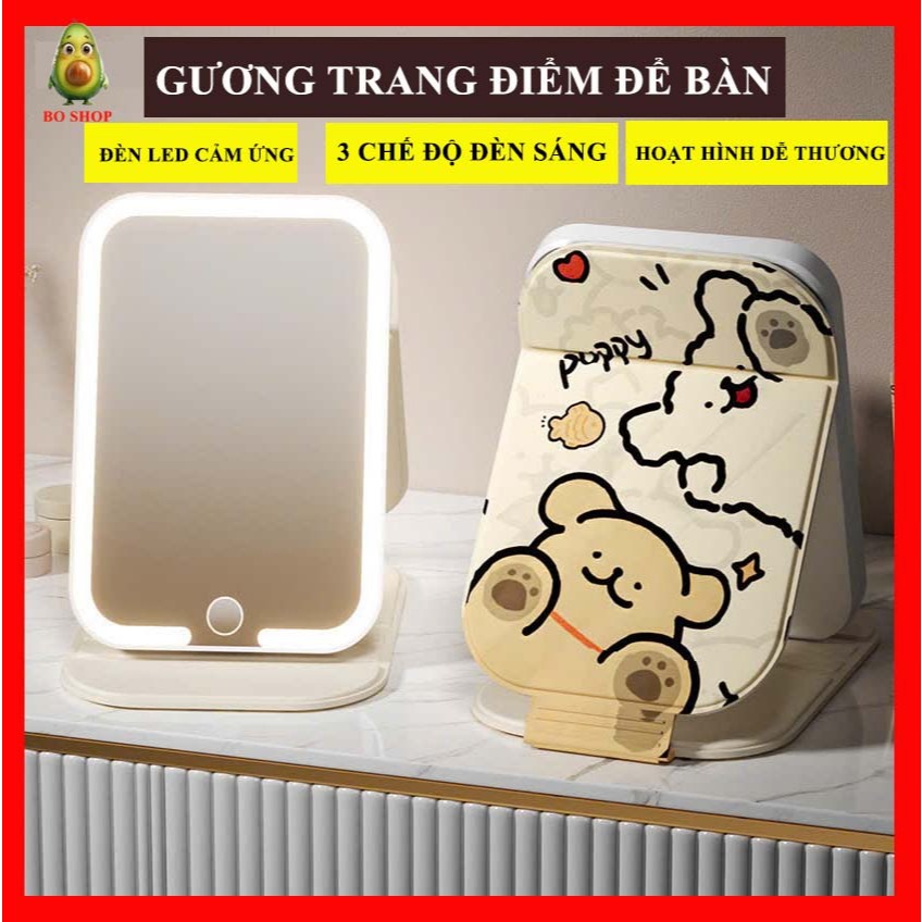 Gương Trang Điểm Để Bàn Có Đèn LED Cảm Ứng – Gương Makeup Cute Hoat hình Ánh Sáng Trắng Mịn