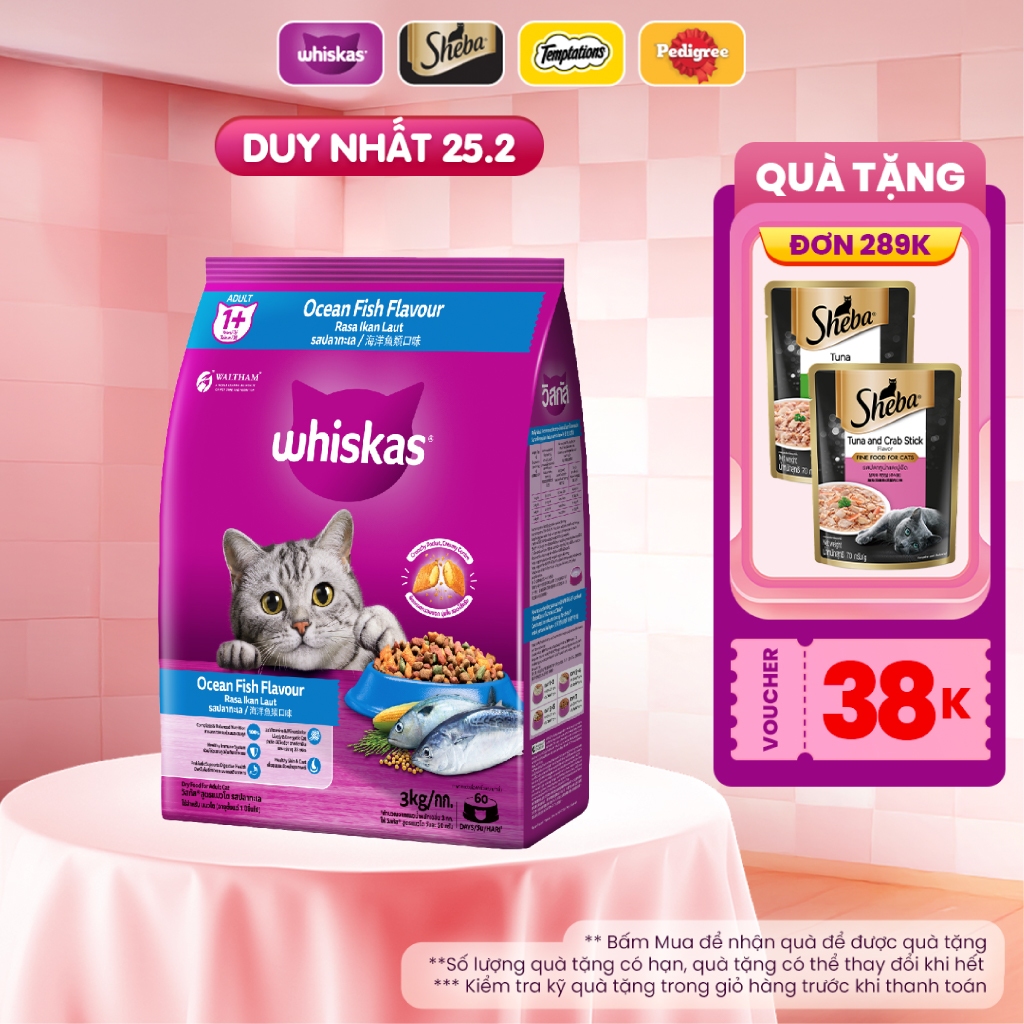 WHISKAS Thức Ăn Cho Mèo Trưởng Thành Dạng Hạt vị Cá Biển - 3kg