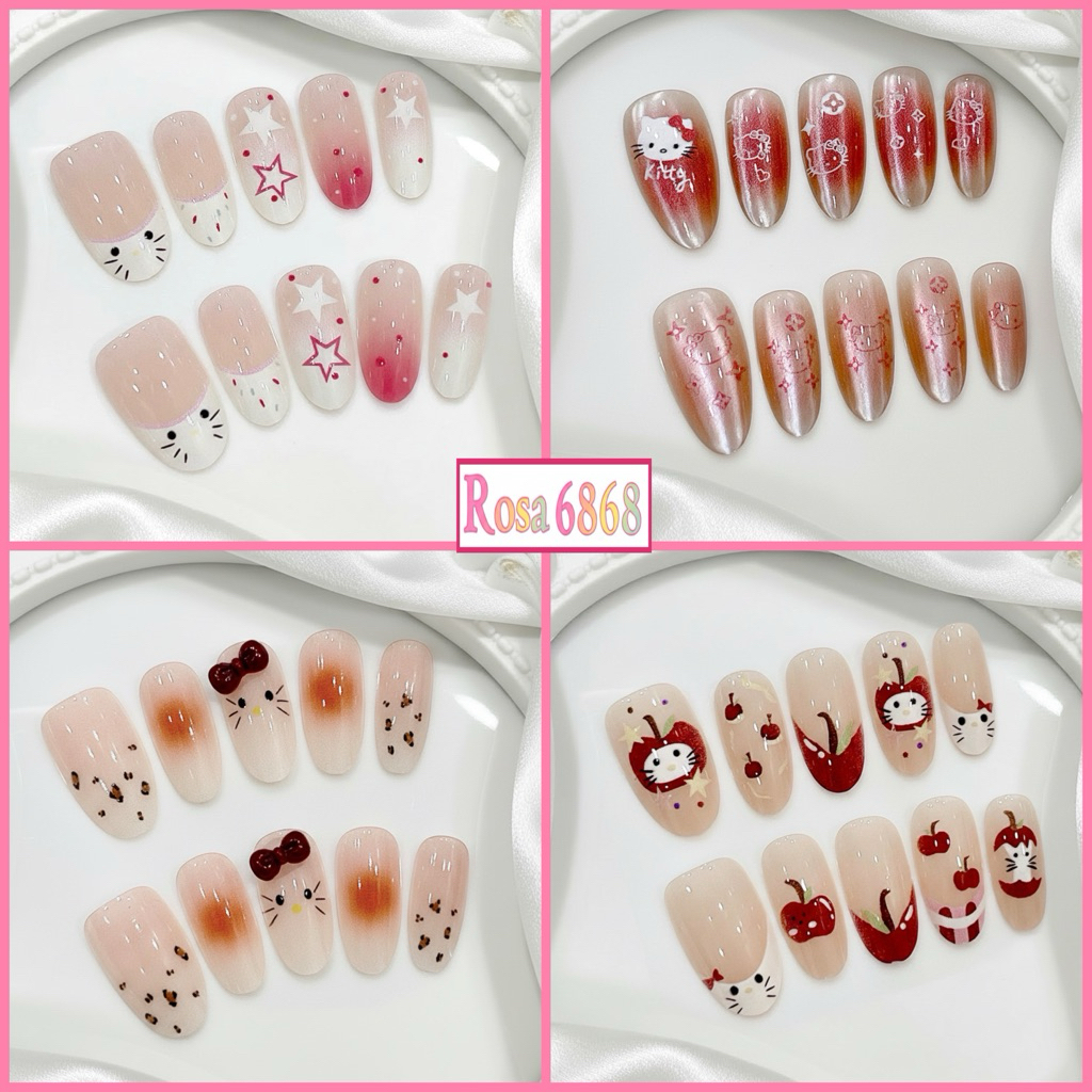 (M3) Nailbox thiết kế móng tay giả bầu tròn ngắn hello kitty ngôi sao - Rosa 6868