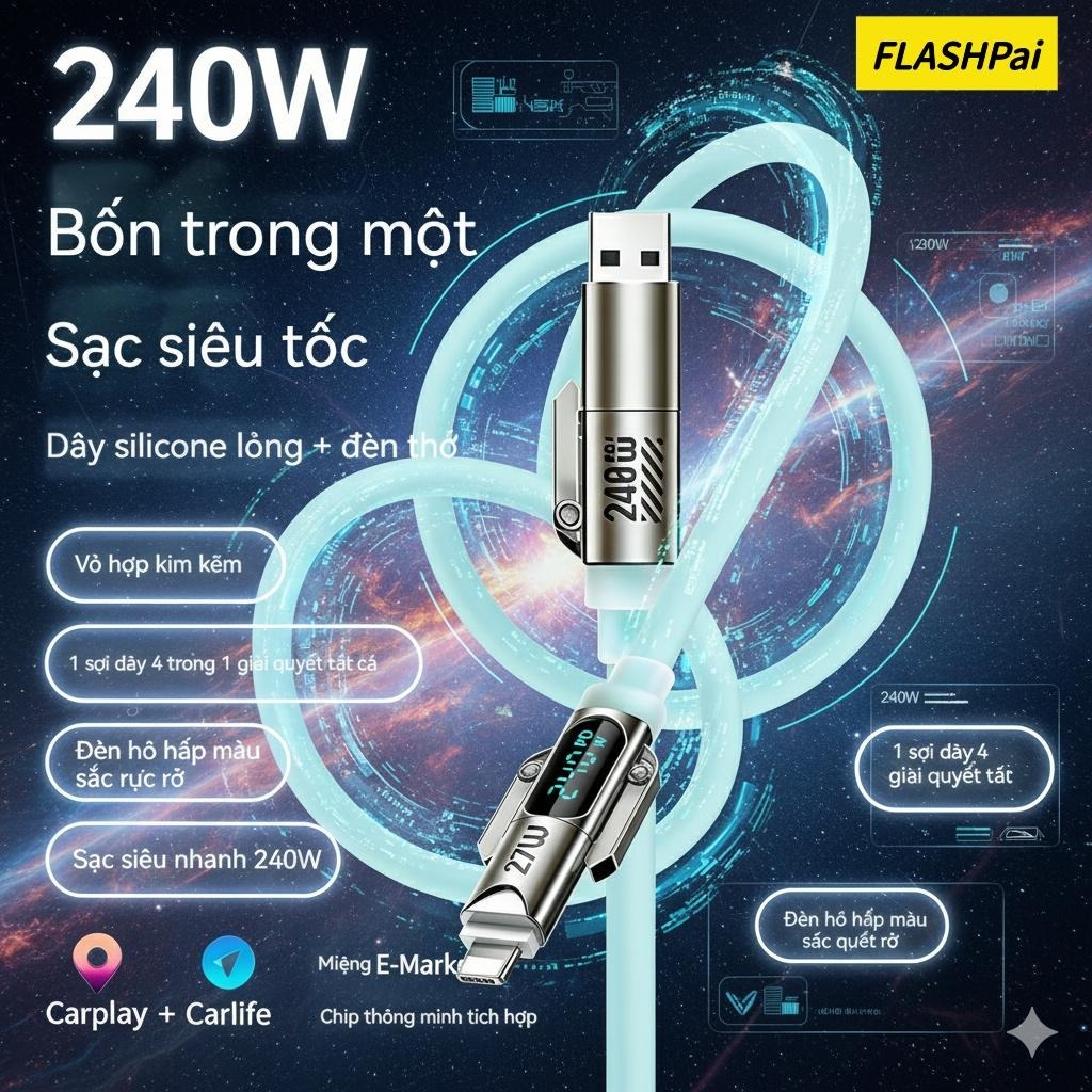 【FLASHPai】Cáp dữ liệu sạc nhanh hiển thị số 240W 4 trong 1 bằng silicone lỏng, dài 1,8 mét