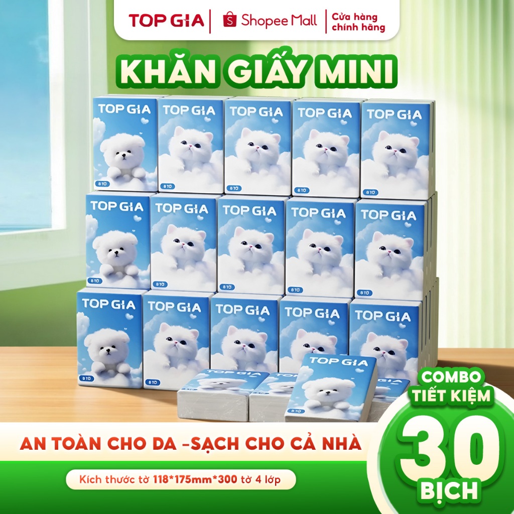 Bịch 10 gói khăn giấy mini TOPGIA, 1 gói 8 tờ, giấy bỏ túi cao cấp 4 lớp đanh dai mềm mịn