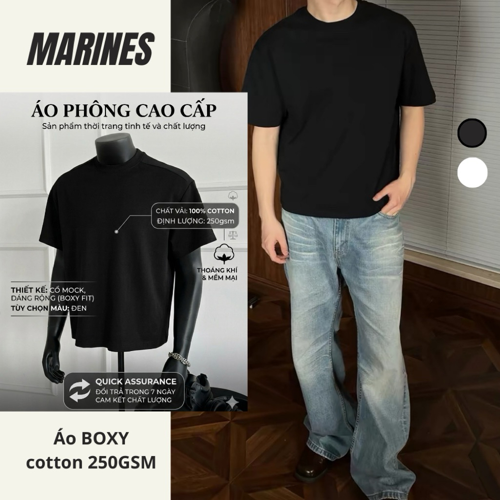 Áo Thun Form BOXY MARINES cotton 250GSM unisex Nam Nữ, Áo Phông Boxy Premium basic