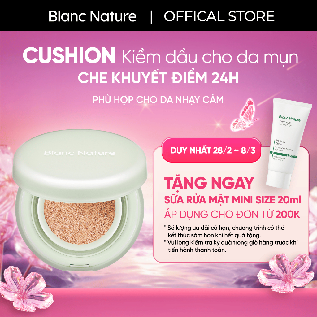 Blanc Nature Phấn nước che khuyết điểm 24h kiềm dầu cho da mụn - Sebum Zero Airfit Cushion 15g