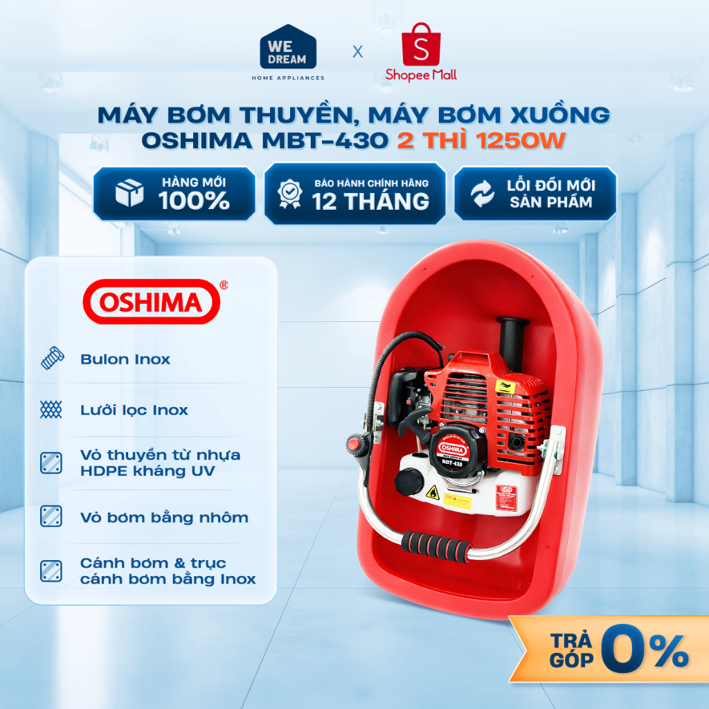 Máy Bơm Thuyền, Máy Bơm Xuồng Oshima MBT-430 2 Thì 1250W - Hàng Chính Hãng, Mới 100%