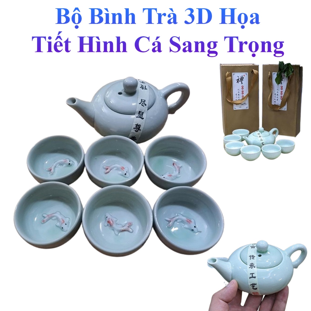 Bộ Bình Trà 3D Họa Tiết Hình Cá Sang Trọng Nhiều Màu Xinh