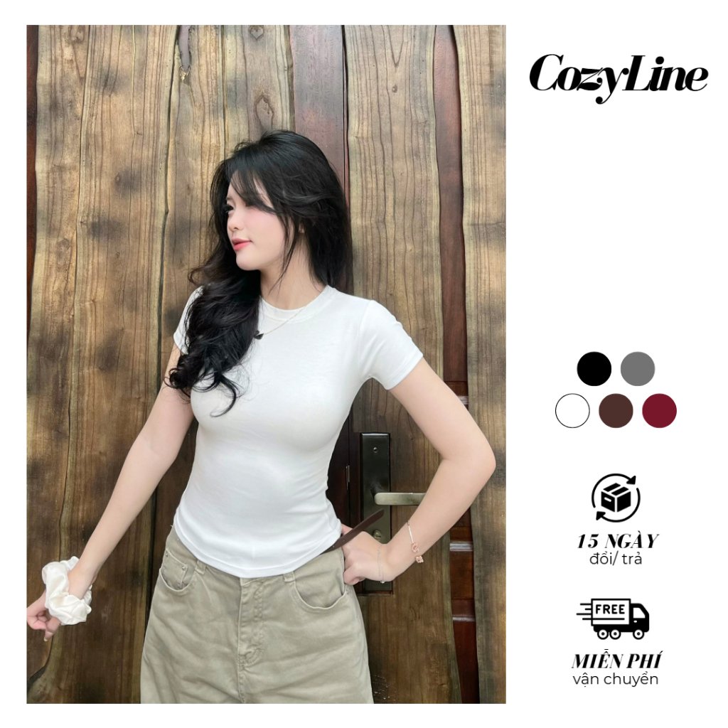 Áo thun nữ Cozy Line thắt eo ôm body ngắn tay cổ tròn chất cotton trơn lông mịn co giãn 4 chiều thoải mái