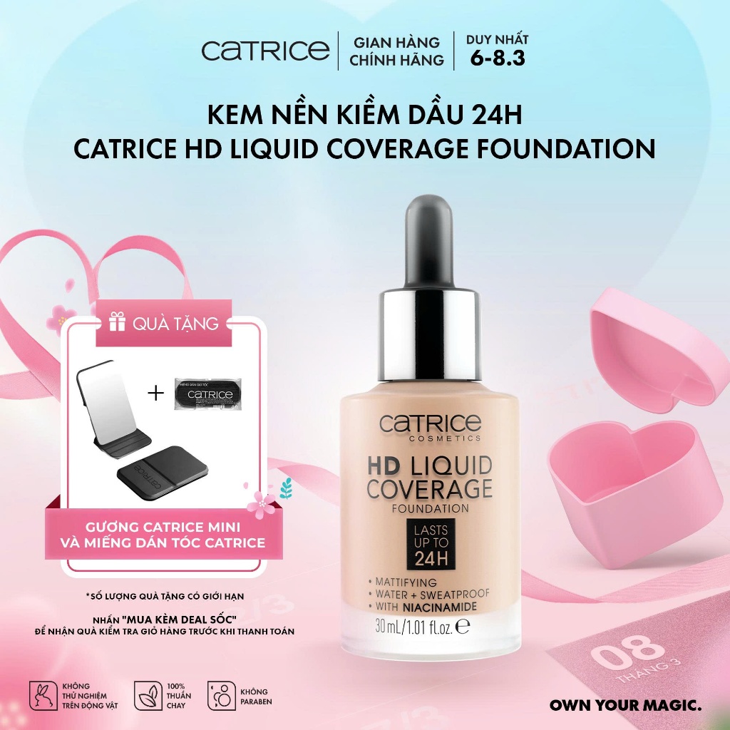 Kem nền Catrice HD Liquid Coverage Foundation che phủ tự nhiên tạo độ mịn màng cho da 30ml