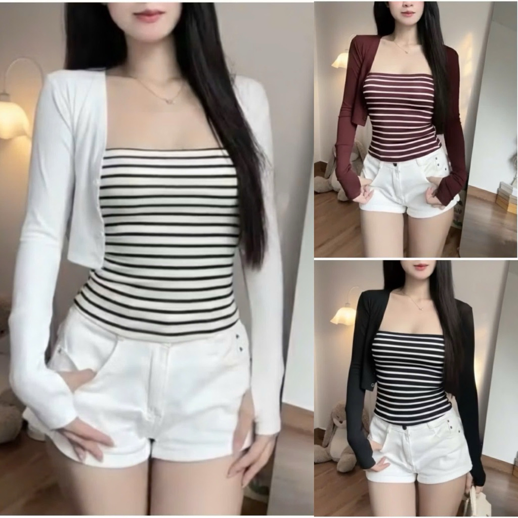 Set áo khoác Cardigan basic mix áo ống sọc ngang ôm body tôn dáng GOV315