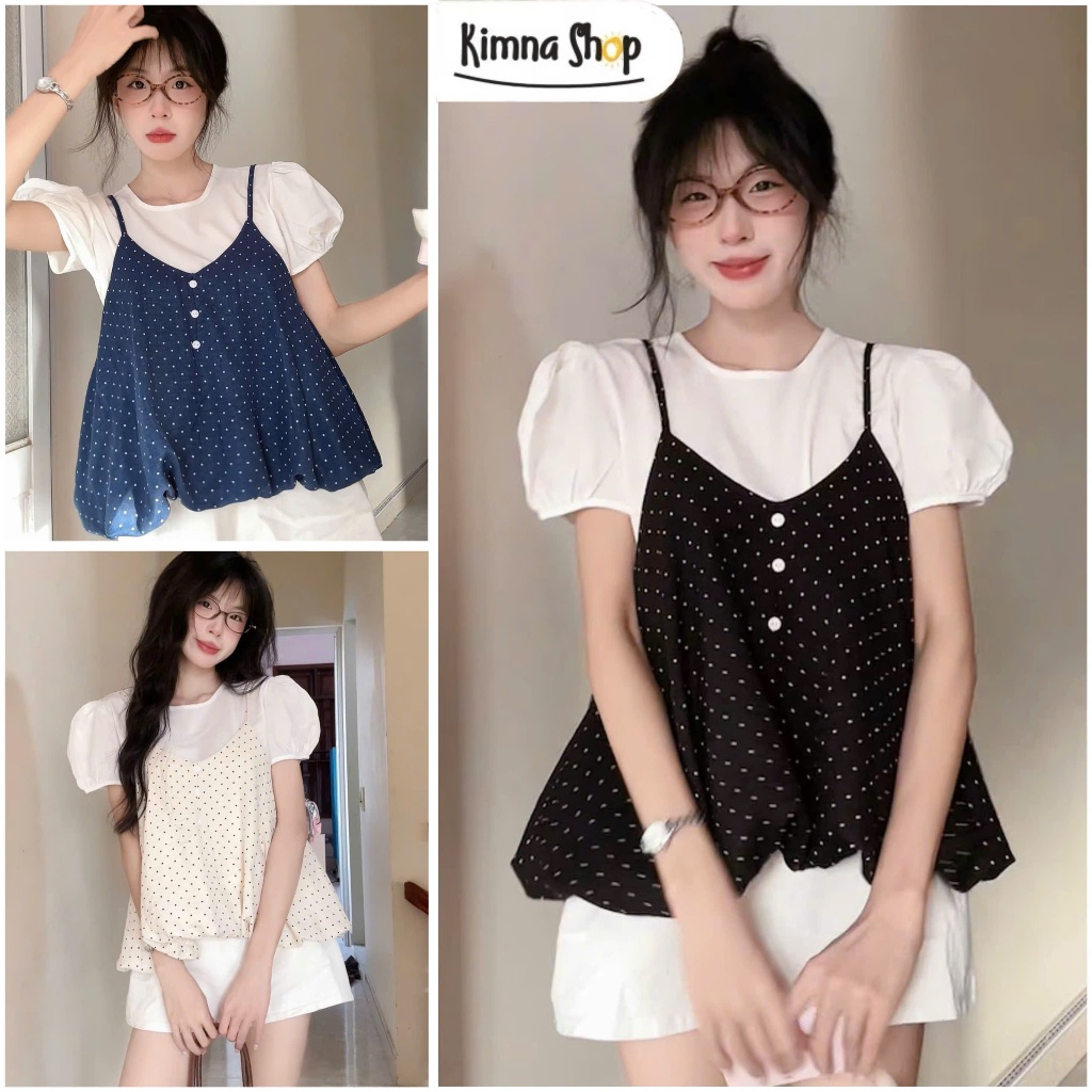 [CÓ TÁCH LẺ] Set Yếm Chấm Bi Dáng Bí Phối Cúc Kèm Áo Tay Bồng Tiểu Thư