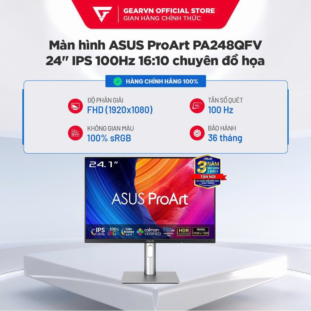 Màn Hình ASUS ProArt PA248QFV 24 inch IPS 100Hz | 16:10 WUXGA | Siêu Chuẩn màu Chuyên Đồ Họa