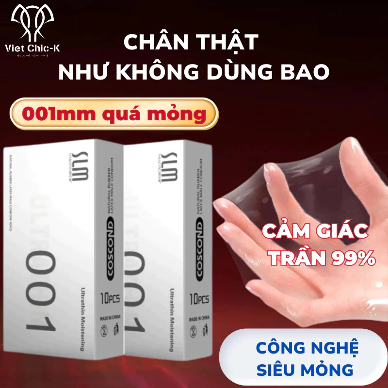 [10 cái] Bao cao su 0.01mm 5in1 size 52mm mỏng, nhiều gel, dai, chống rach, chân thật như Feelex